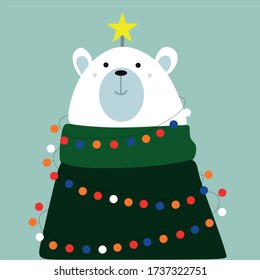 Cute Christmas polar bear wrapped in a green scarf and wrapped in a garland .On the head is a star .On a blue background.In the form of a Christmas tree.Vector illustration