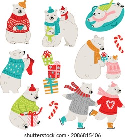 Cute Christmas Polar Bears Vector Graphics Set