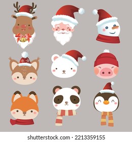 Cute christmas portrait with santa claus, snowman, elk and other animals with warm scarf or red hat