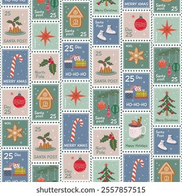 Cute Christmas postage stamps background. Vintage Xmas seamless pattern. Winter holidays print for fabric, wrapping paper, textile. Hand drawn flat design vector illustration.
