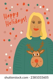 Cute Christmas postcard with beautiful blond girl wearing ugly Christmas sweater with reindeer and confetti and happy holidays sign. Christmas postcard with woman