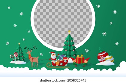 Cute Christmas Postcard Cover With Santa Claus And Friends On Christmas Train On Green Background. Christmas Postcard Template With Blank Space For Your Text Or Photo. Flat Cartoon Vector Illustration