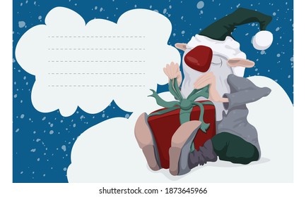 Postal navideña con un viejo elfo con un regalo en las manos. Ilustración del vector