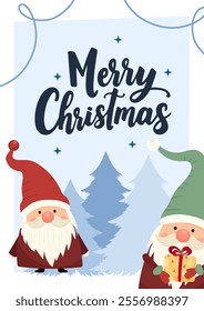 Cute Christmas postcard with two festive gnomes, snowy trees, and "Merry Christmas" hand-lettered greeting. Seasonal holiday composition in vector flat style. For invitations, posters, banners.