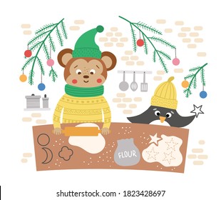 Cute Christmas preparation scene with monkey and penguin baking cookies. Winter illustration with animals. Funny card design. New Year print with smiling characters
