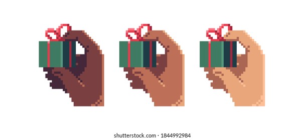 Cute Christmas present on hand of different colors. Pixel art style. Vector holiday illustration