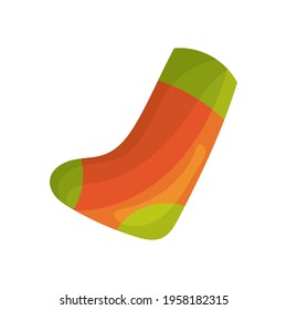 Cute Christmas present sock. Isolated colorful gift sock in the white background. Flat style illustration.