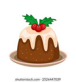 Cute Christmas pudding with icing and berries, vector illustration isolated on white background, decorative design element, sticker, greeting card.