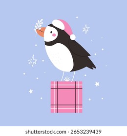 Cute Christmas Puffin in Santa Hat. Winter Holiday Greeting Card with Adorable Bird