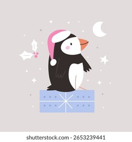 Cute Christmas Puffin in Santa Hat. Winter Holiday Greeting Card with Adorable Bird