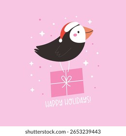 Cute Christmas Puffin in Santa Hat. Winter Holiday Greeting Card with Adorable Bird