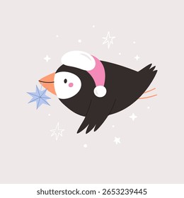 Cute Christmas Puffin in Santa Hat. Winter Holiday Greeting Card with Adorable Bird