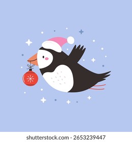 Cute Christmas Puffin in Santa Hat. Winter Holiday Greeting Card with Adorable Bird