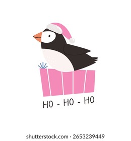 Cute Christmas Puffin in Santa Hat. Winter Holiday Greeting Card with Adorable Bird