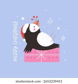 Cute Christmas Puffin in Santa Hat. Winter Holiday Cartoon Card with Adorable Bird