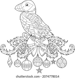 Cute Christmas puffin. Winter holiday decoration. Black and white elements. Traditional festive decor for season design. Hand drawn illustration for children and adults, coloring books and tattoo.