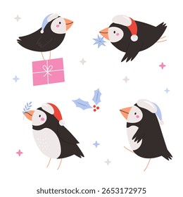 Cute Christmas Puffins in Santa Hats. Winter Holiday Cartoon Birds Collection.