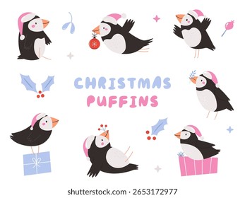 Cute Christmas Puffins in Santa Hats. Winter Holiday Cartoon Birds Collection.