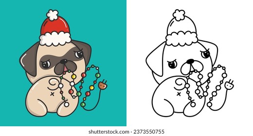 Cute Christmas Pug Dog Clipart Illustration and Black and White. Funny Clip Art Christmas Doggy. Cute Vector Illustration of a Kawaii Pug for Christmas Stickers. 