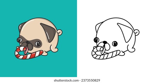 Cute Christmas Pug Dog Illustration and For Coloring Page. Cartoon Stickers New Year Dog. Beautiful Vector Illustration of Kawaii Pug for Xmas Stickers. 