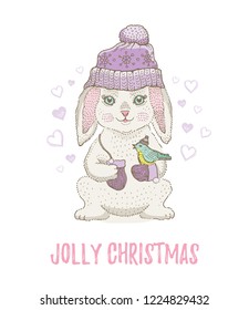 Cute Christmas rabbit with bird. Winter animal rabbit for poster, greeting card, girl t-shirt print design. Merry Xmas & New Year hand drawn vector illustration, isolated background. Doodle sketch