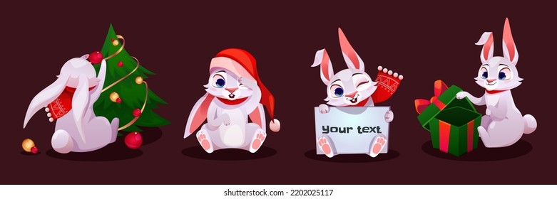 Cute Christmas rabbit, cartoon new year bunny characters set. Funny xmas animal personage in Santa hat and scarf holding gift box, banner and fir-tree, winter holidays celebration, Vector illustration