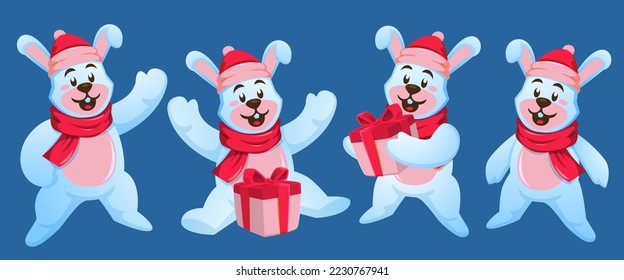 Cute christmas rabbit cartoon winter bunny set with santa hat, gift and scarves