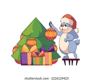 Cute Christmas Rabbit Decorate Fir-tree with Baubles, Cartoon Hare Character Prepare for New Year, Funny Bunny Xmas Animal Personage In Santa Hat Holding Gift Toy for Holidays. Vector Illustration