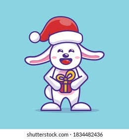 Cute Christmas Rabbit and Gift Box Vector. Christmas Cartoon Vector Illustration Design. Flat Icon Concept. Flat Cartoon Style Suitable for Web Landing Page, Banner, Sticker, Background