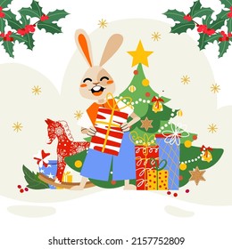 Cute Christmas rabbit with gift box, fir tree and holly branch. Bunny character flat style illustration. The year of the rabbit, symbol of 2023
