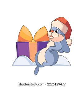 Cute Christmas Rabbit In Red Santa Claus Hat Sitting on Snow with Wrapped Gift Box. Cartoon Funny Baby Bunny Character, Adorable Animal Symbol of 2023 New Year. Vector Illustration