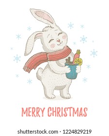 Cute Christmas rabbit in scarf. Winter animal for poster, greeting card, girl t-shirt print design. Merry Xmas & New Year hand drawn vector illustration, isolated on white background. Doodle sketch