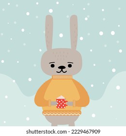 Cute Christmas rabbit in sweater and with cup. Vector illustration.