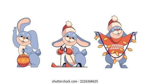 Cute Christmas Rabbits, Cartoon Bunny Symbol of 2023 New Year. Funny Xmas Animal Personages In Santa Hat And Sweater Holding Garland, Bauble and Skiing, Winter Holidays Eve. Vector Illustration