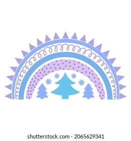 El arcoiris de navidad en estilo plano. Ilustración vectorial de invierno para diseño de impresión festiva: postales, felicitaciones, invitaciones, redes sociales. Feliz Año Nuevo, Feliz Navidad, acogedor invierno