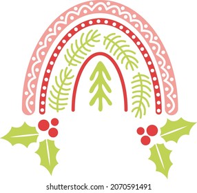 Cute Christmas rainbow vector isolated on white background. Christmas boho rainbow with mistletoe and tree perfect for t-shirts, apparel, cards, kids nursery decor