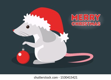 Cute christmas rat. Animal character in Santa Claus hat. 2020 year of the rat. Isolated vector illustration in flat style