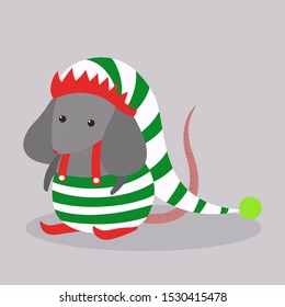 Cute christmas rat. Animal character in elf hat. 2020 year of the rat. Isolated vector illustration in flat style