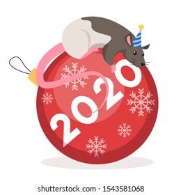 Cute Christmas rat. Animal character holding festive stuff. 2020 year symbol lying on big red decoration ball for christmas tree. Isolated vector illustration in flat style