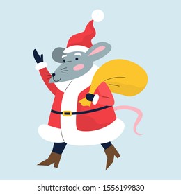 Cute Christmas rat. Animal character holding festive stuff. 2020 year symbol holding a big bag with presents. Isolated vector illustration in flat style