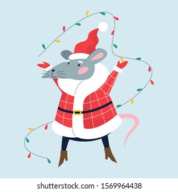 Cute Christmas rat. Animal character holding festive stuff. 2020 year symbol holding Christmas lights. Isolated vector illustration in flat style