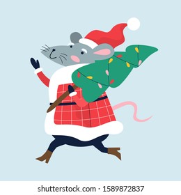 Cute Christmas rat. Animal character holding festive stuff. 2020 year symbol holding Christmas tree. Isolated vector illustration in flat style