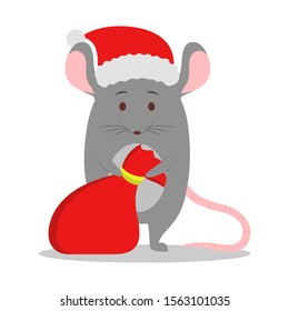 Cute christmas rat holding a bag with presents. Animal character holding festive stuff. 2020 year of the rat. Isolated vector illustration in flat style
