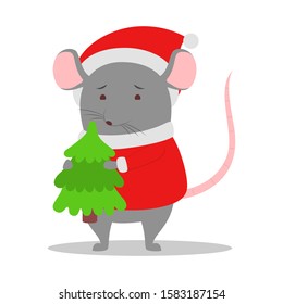 Cute christmas rat holding a Christmas tree. Animal character holding festive stuff. 2020 year of the rat. Isolated vector illustration in flat style
