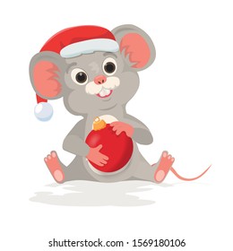 Cute christmas rat or mouse holds new year ball in cartoon style. Mouse in santa hat as symbol Happy chinese