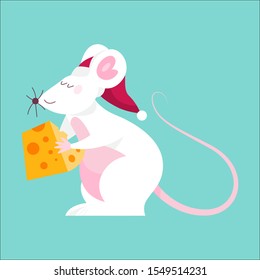 Cute Christmas rat in red Santa hat. Animal character, 2020 year symbol holding a piece of cheese. Isolated vector illustration in flat style