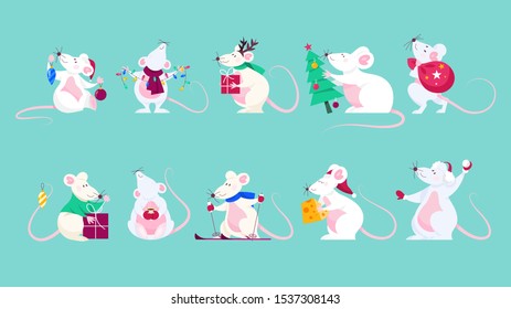 Cute christmas rat set. Animal character holding festive stuff. 2020 year of the rat. Isolated vector illustration in flat style