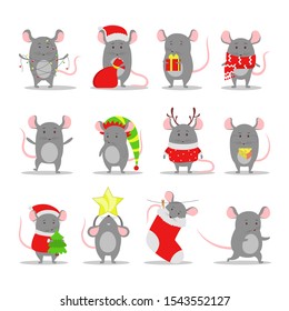 Cute christmas rat set. Animal character holding festive stuff. 2020 year of the rat. Isolated vector illustration in flat style