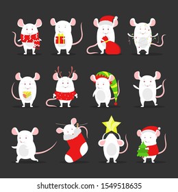 Cute christmas rat set. Animal character holding festive stuff. 2020 year of the rat. Isolated vector illustration in flat style