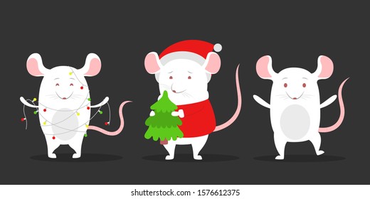 Cute christmas rat set. Animal character holding festive stuff. 2020 year of the rat. Isolated vector illustration in flat style